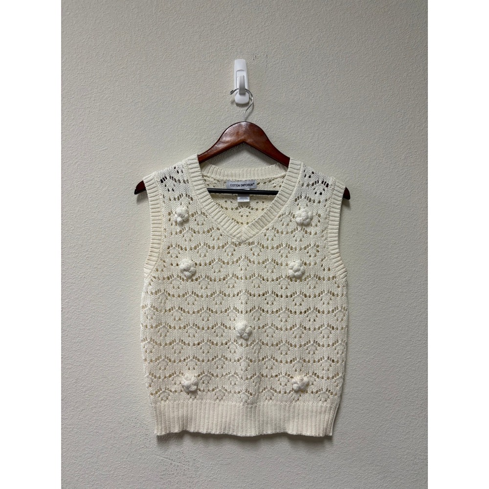 Ivory Cream Pointelle Bobble Knit Sweater Floral Vest L Cottagecore Coquette